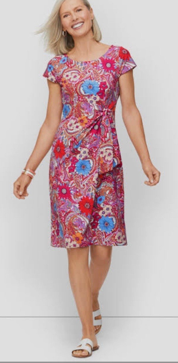 Talbots Womens Pink Island Paisley Floral Tie Detail Jersey Sheath Dress 2X