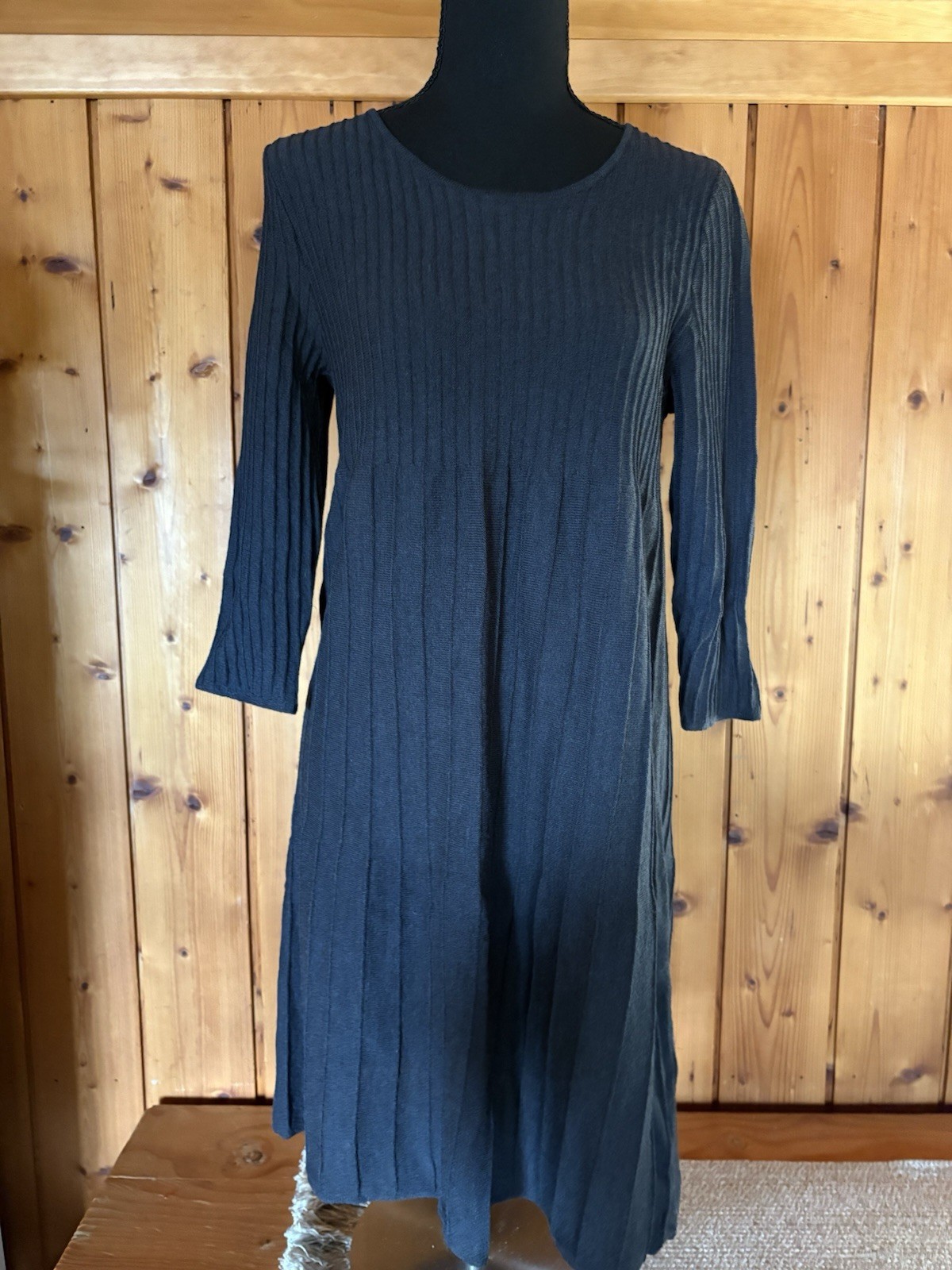 Eileen Fisher 100% Wool Ribbed Knit Sweater Dress Size Petite M 3/4 Sleeve Gray