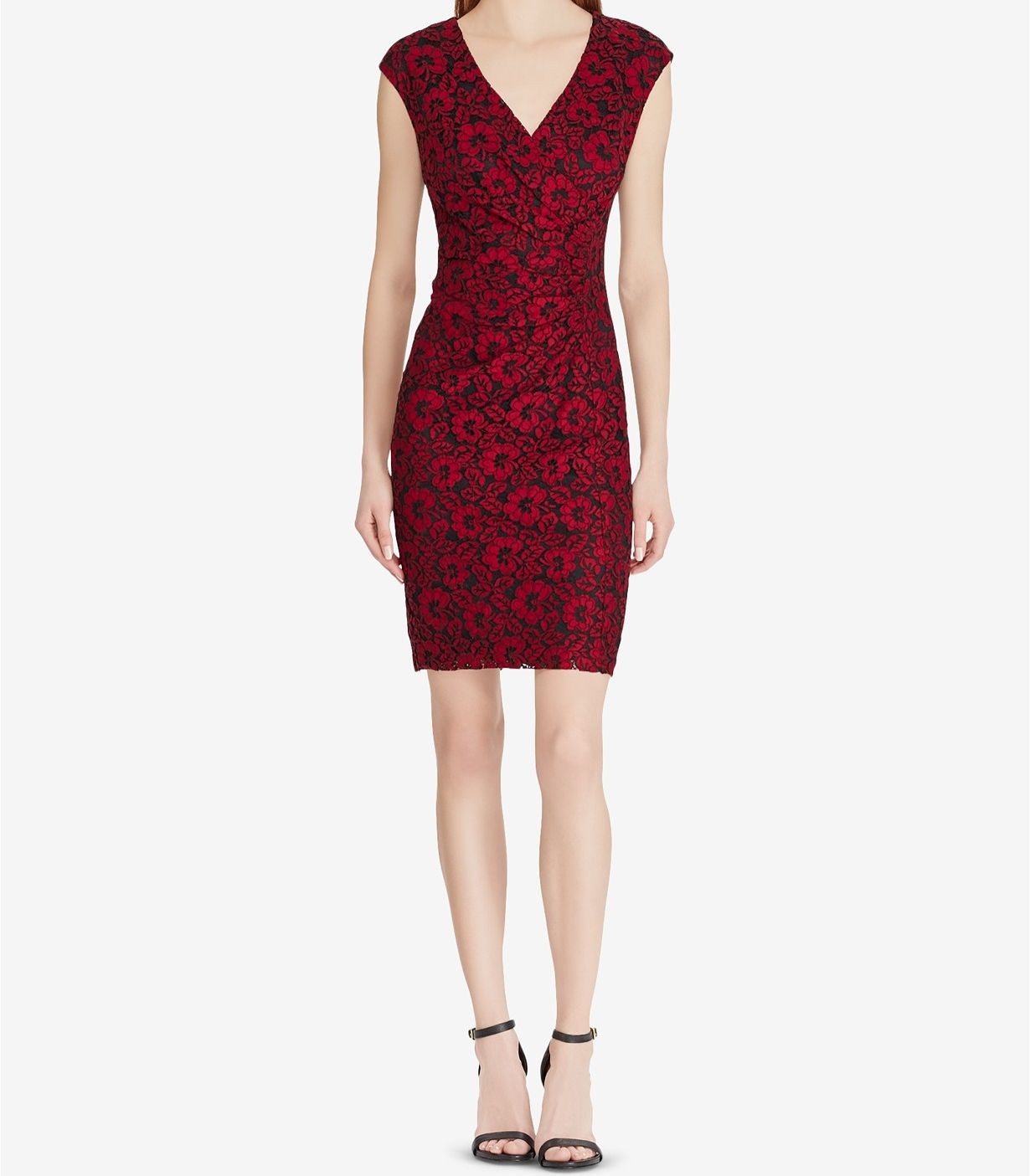 American Living Women’s Red Slim-Fit Floral-Lace Cap-Sleeve A-Line Dress Size 2