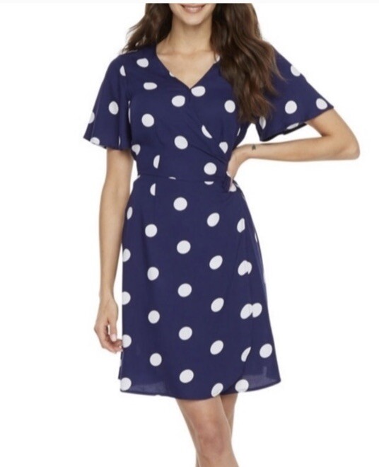 Payton Parker Navy Blue XS Wrap Dress Tie Short Sleeve V Neck Mini Dot