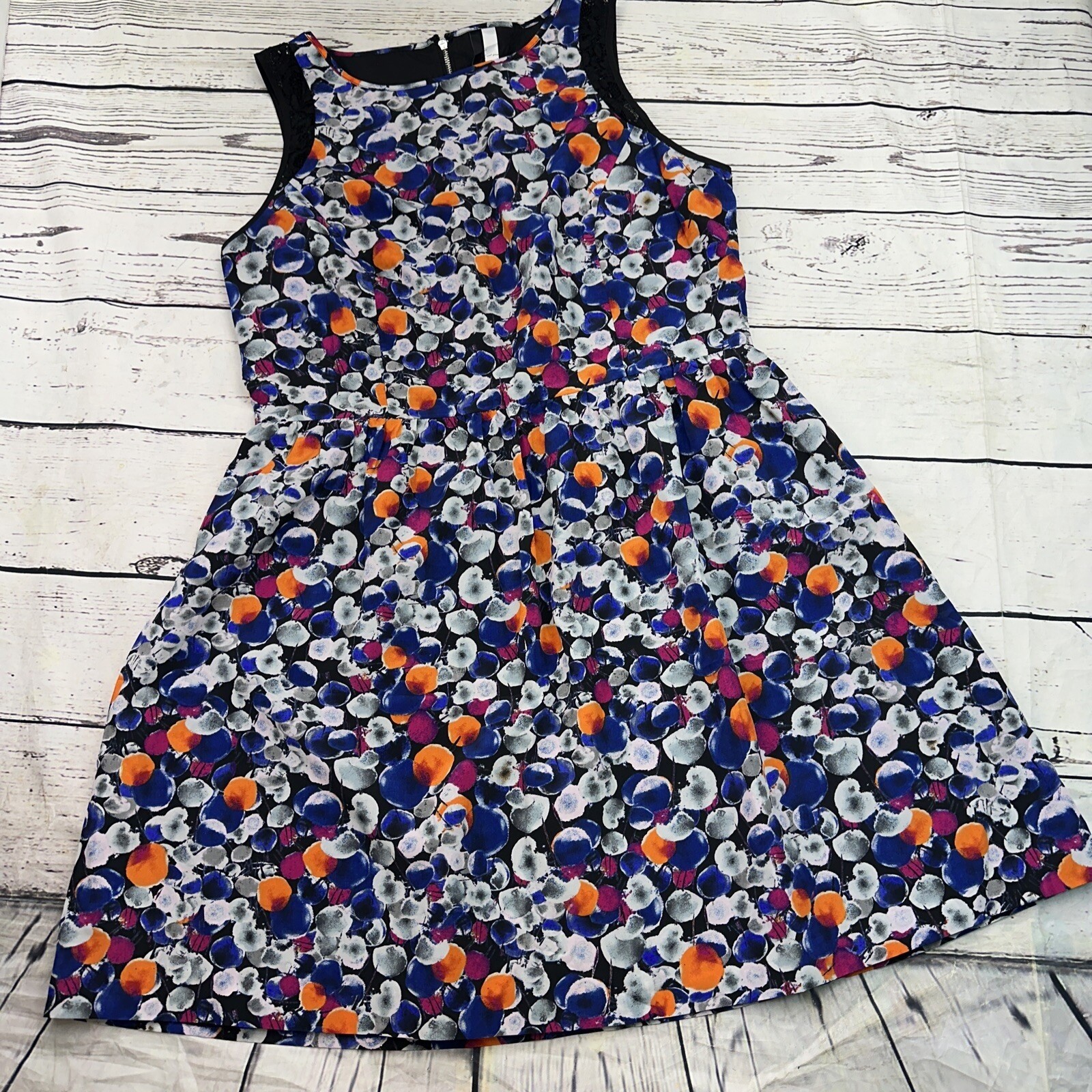 Kensie Womens Dress Size L Black Floral Print Sleeveless Lace Trim A Line