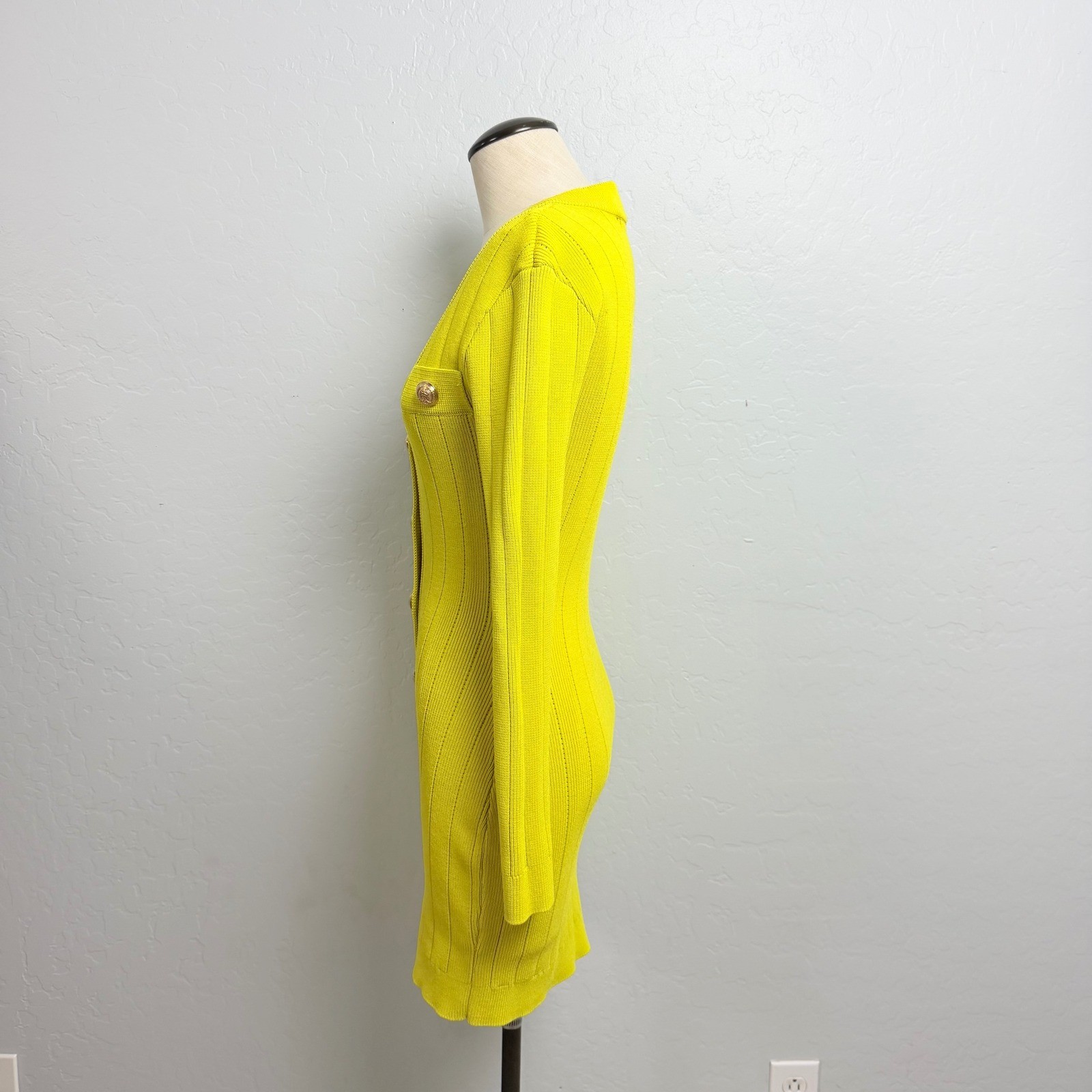 Endless Rose Lime Yellow Ribbed Knit Button Down Mini Dress Gold Crest Button XS