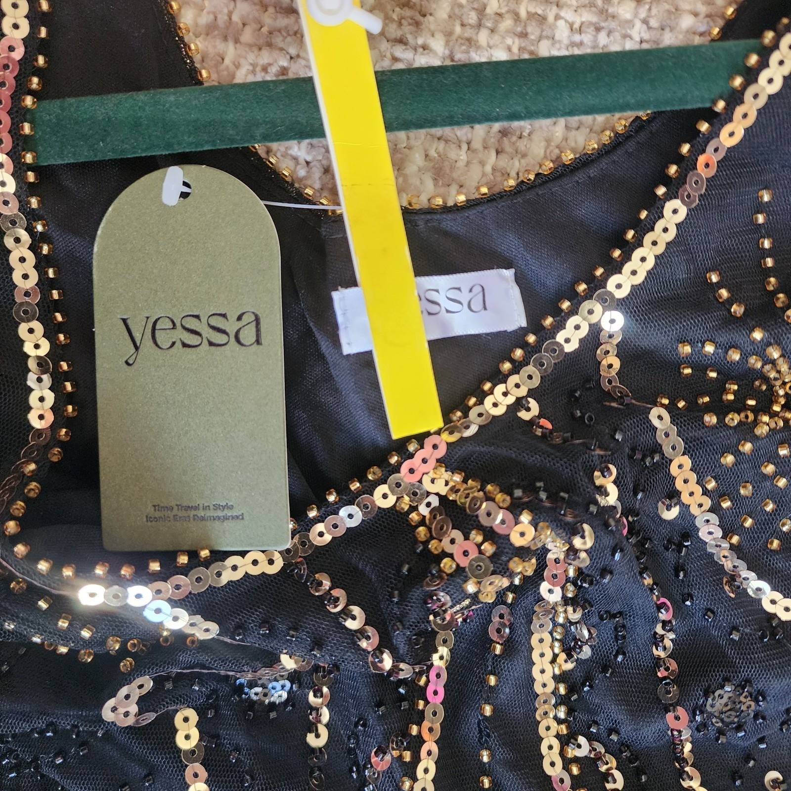 Yessa Black Gold Sequin Beaded Flapper Fringe Gatsby Dress Size Medium NWT