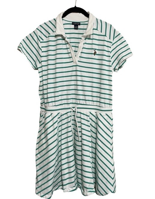 U.S. POLO ASSN. White Green Striped Dress Drawstring Waist Pockets Women’s M