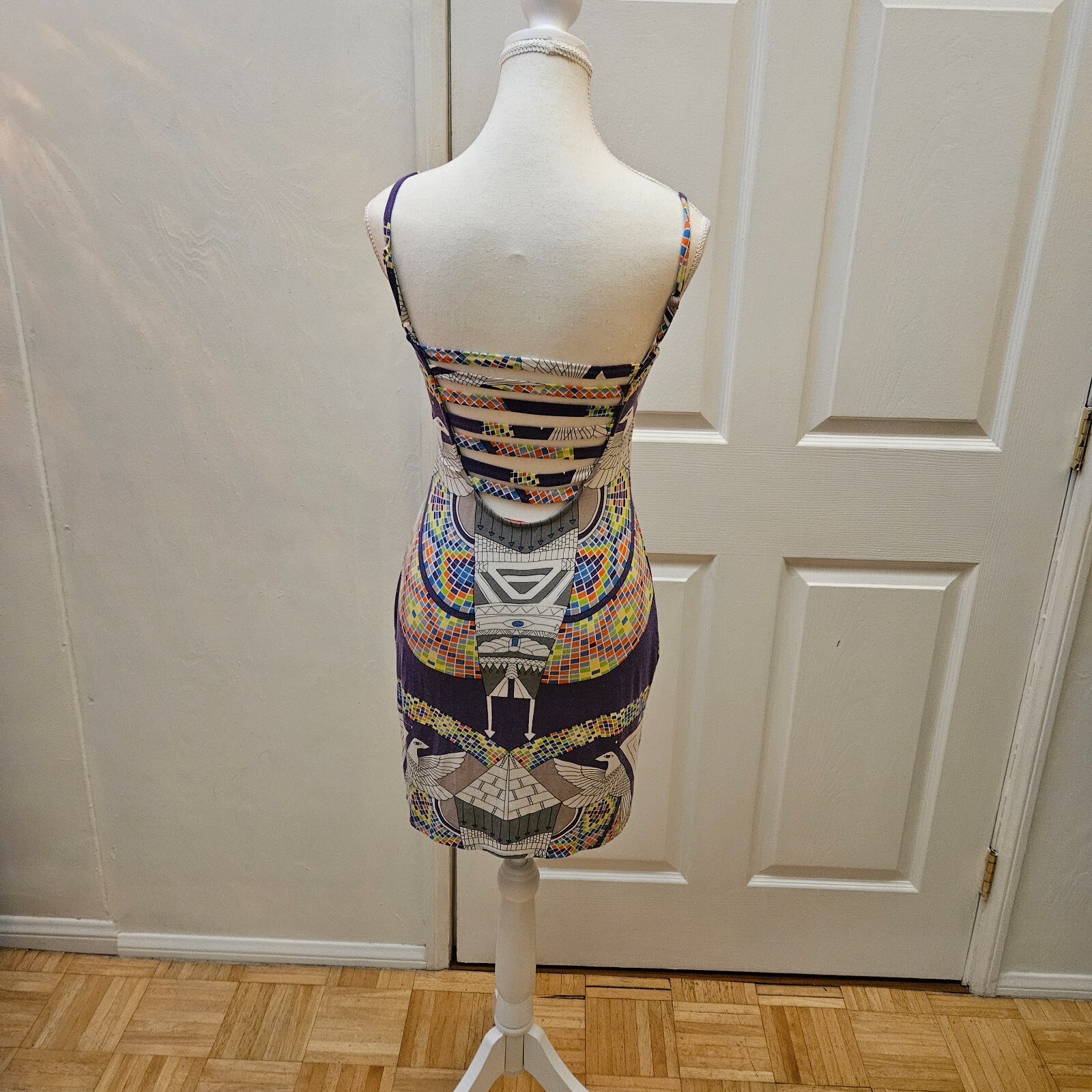 MARA HOFFMAN Runway White Purple Printed Egypt Stretch Bodycon Mini Dress XS