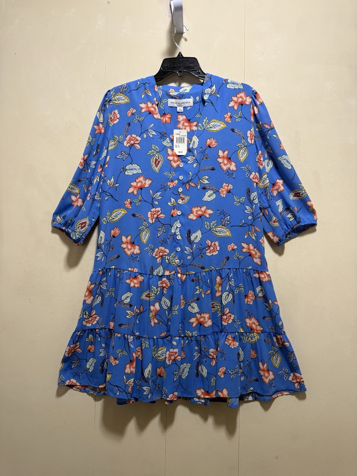 Emma & Michele Floral Tiered Knee length Dress Button Detail Women’s Sz M / Blue