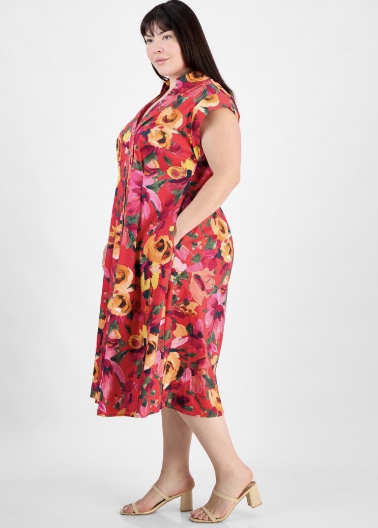 Julia Jordan Plus Size Floral-Print Button-Down Shirtdress – Red Multi