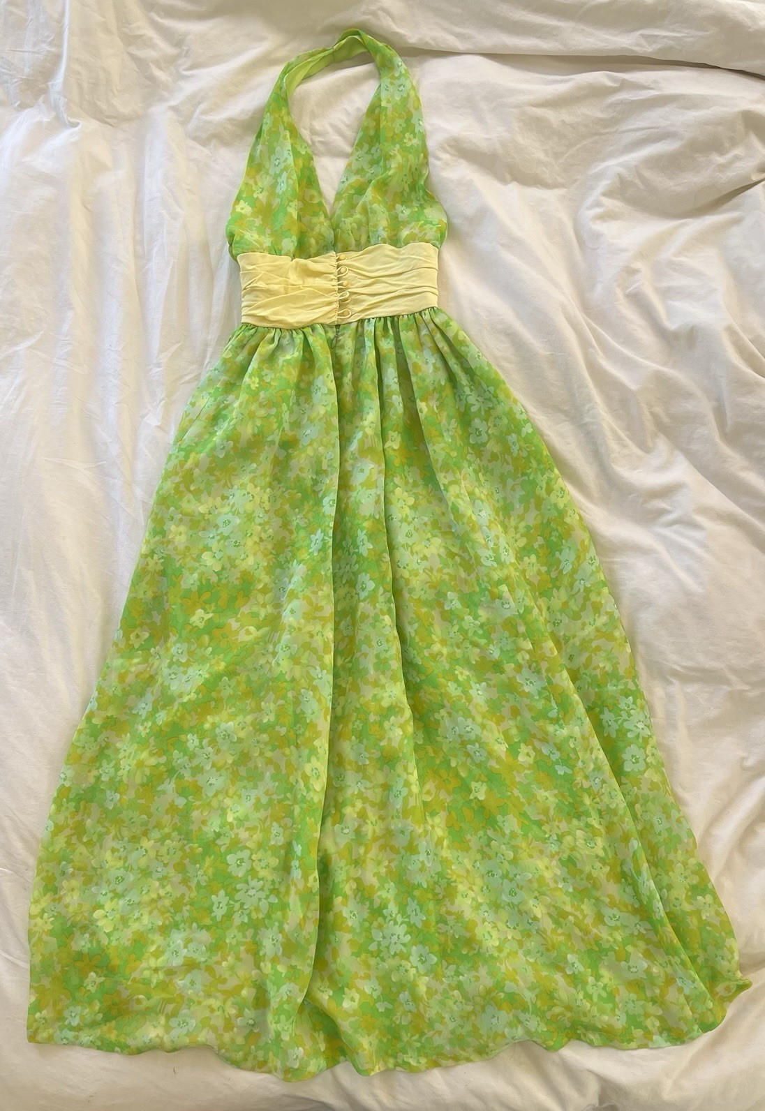 Vintage 1970 flower power green and yellow halter maxi dress S