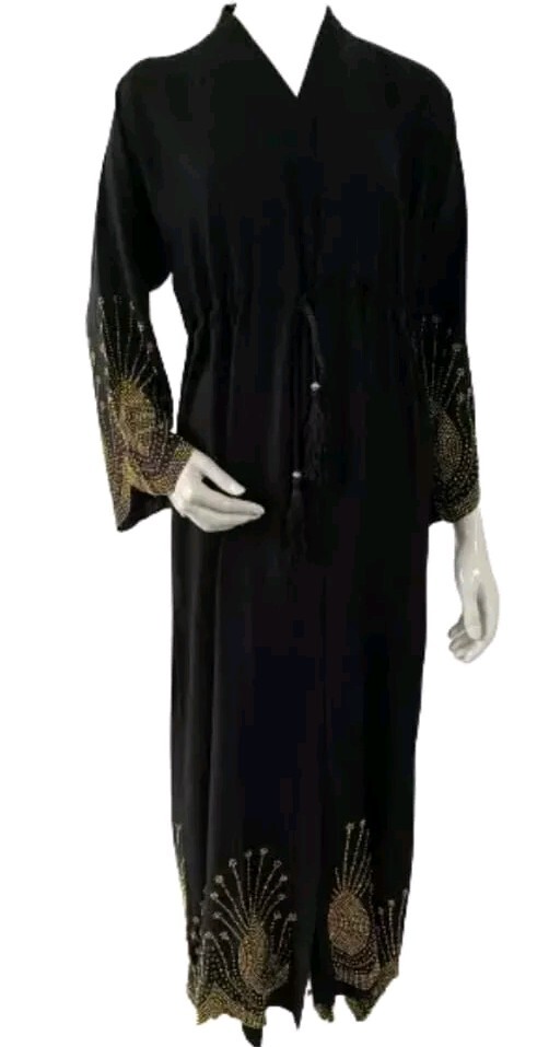 Ladies Premium Quality Kimono Nida Open Abaya Gold Diamonte – Black N4 – Size 58