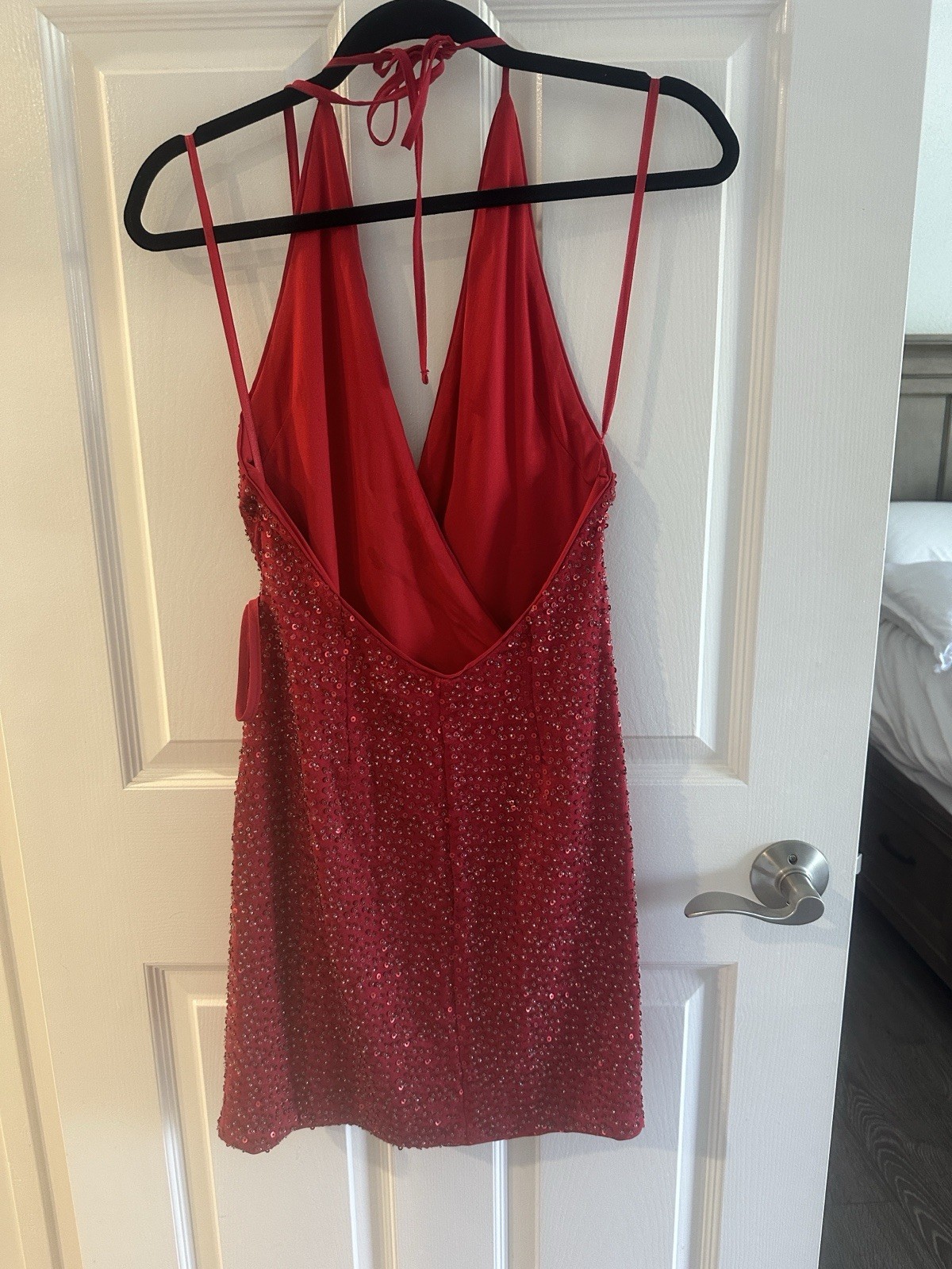 Michael Costello x REVOLVE Kai Sequin Wrap Dress Red Mini Halter Size S