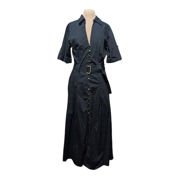 ZARA Navy Shirt Dress L Gold Button Belted Long A-Line Roll Up Sleeve Navy