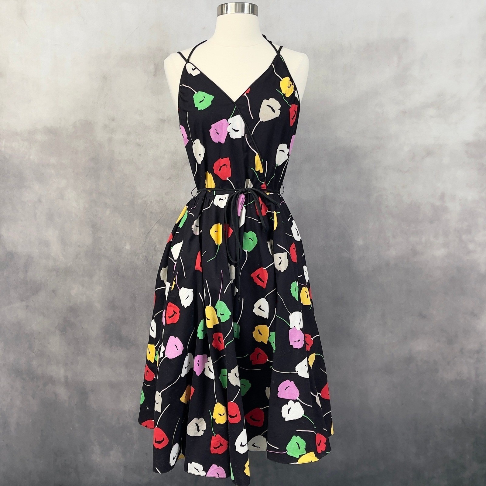 Vintage Darcy Floral Halter Dress Size 9/10 Fit Flare Pockets Retro Pop Art 90s