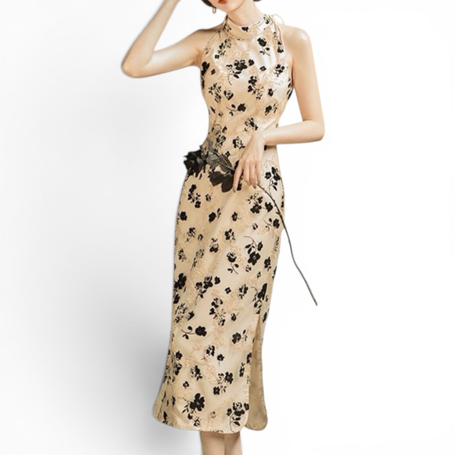 Women Beige Velvet Floral Lace Halter Midi Dress Chinese Style S