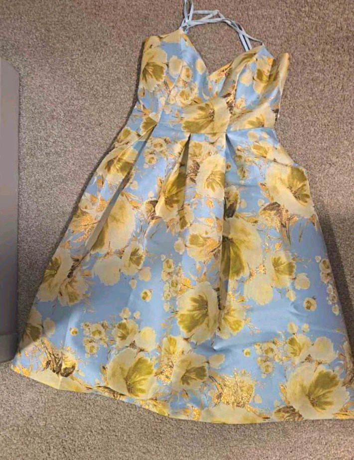Eliza J Blue Yellow Floral V-Neck Sleeveless Lined Strappy Midi Dress 6
