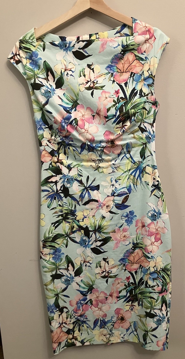 Zara Woman Floral Bodycon Midi Dress Small Blue Pink Stretch Made in Spain