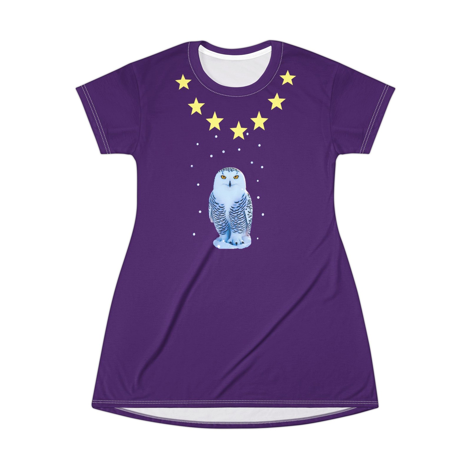 Snowy Owl T-Shirt Dress | Purple Stars Neckline Owl Wildlife Bird Graphic Dress