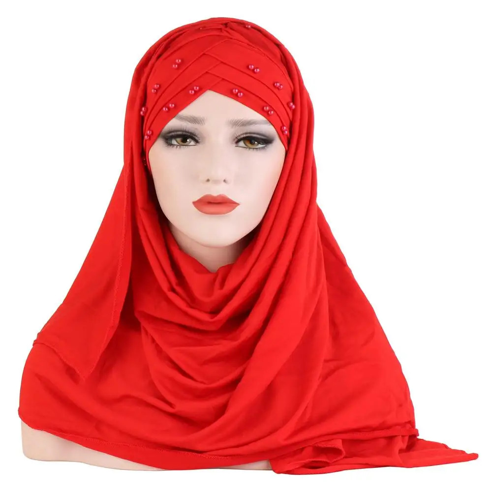 2019 Muslim Cotton Scarf Plain Hijabs With Bead Shawls And Wraps Femme Musulman