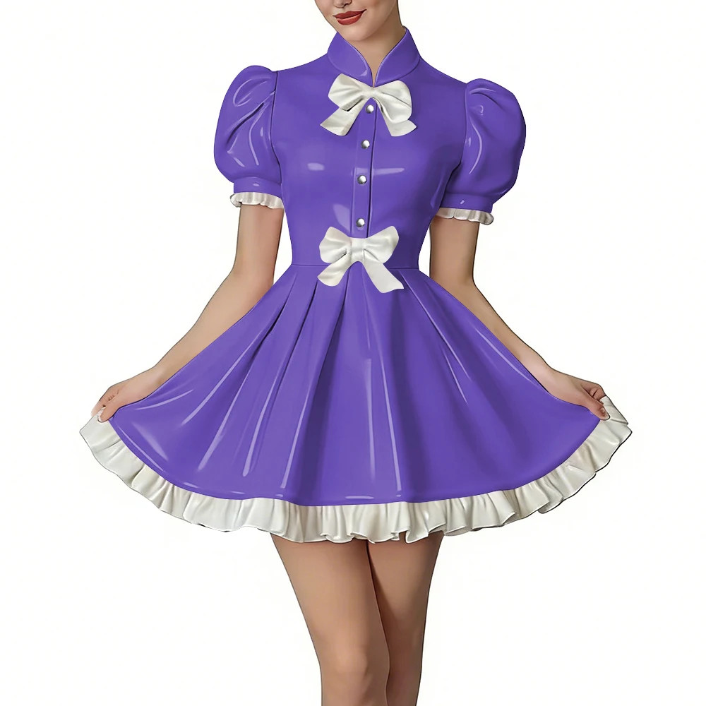 Puff Sleeve Dress with Bows PVC Leather Ruffled Dresses Lolita Party Outfit