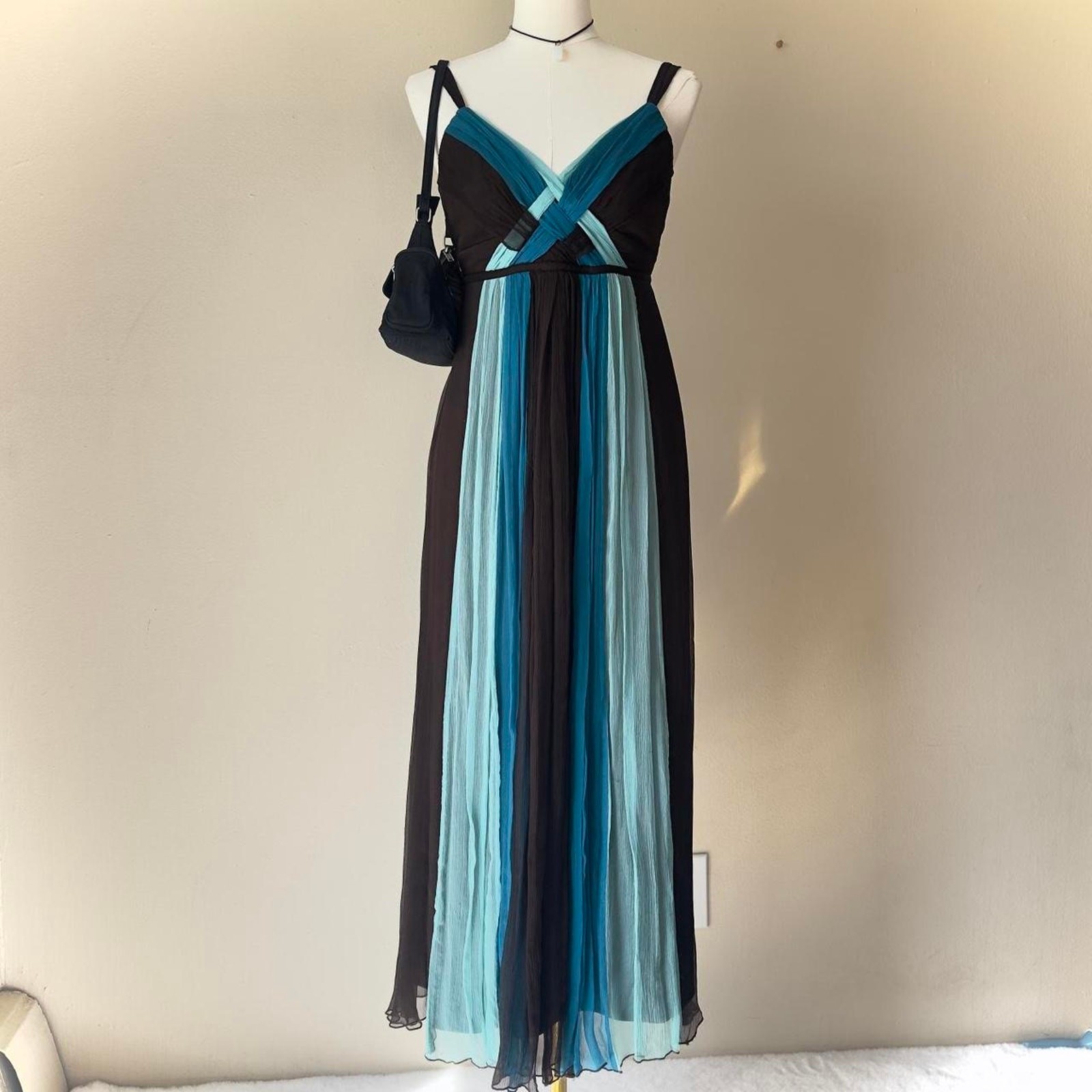 Signature by Robbie Bee Silk Brown & Turquoise Babydoll Maxi Dress – Size 8P