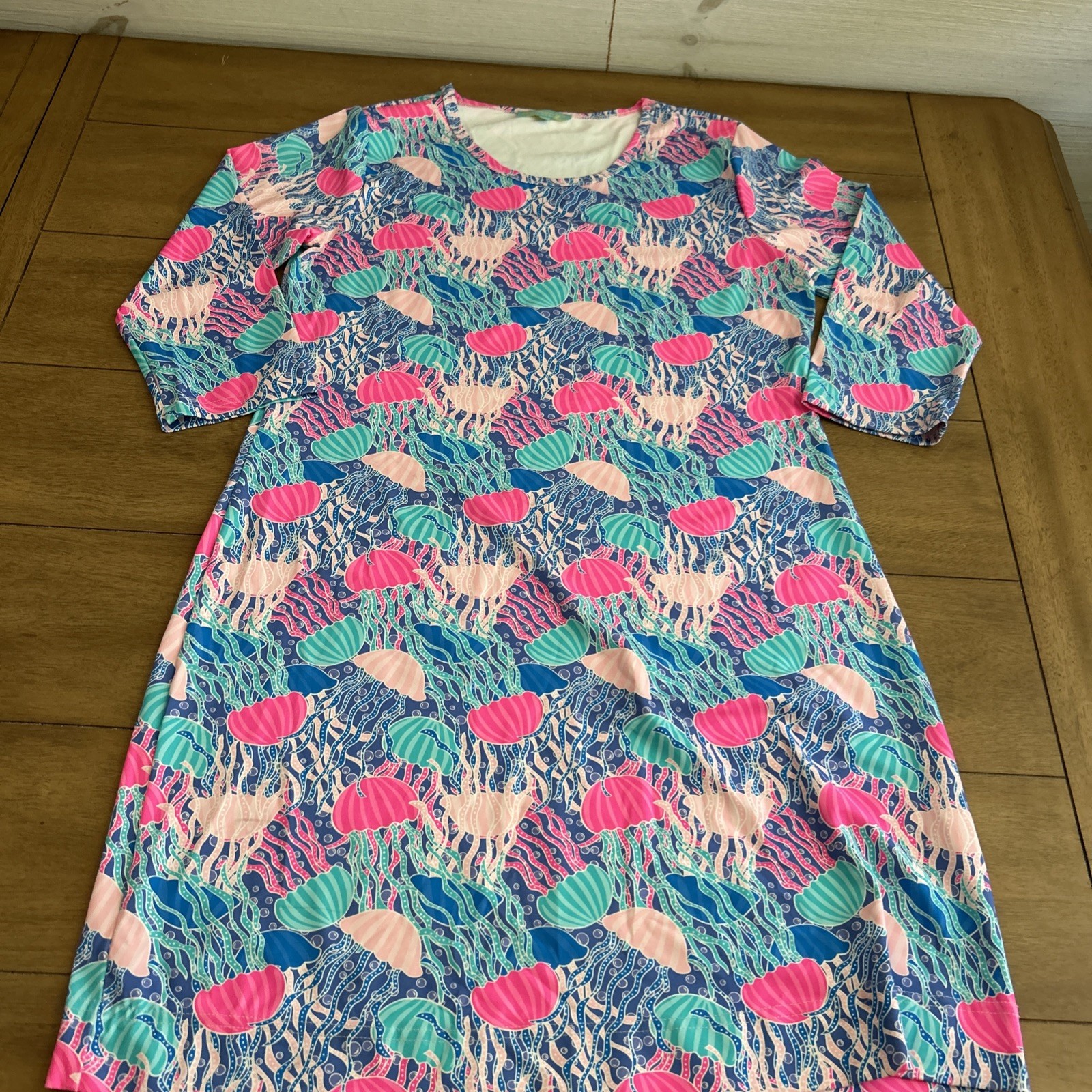 Anthony’s Resort Wear M Dress 3/4 Sleeve Pink Blue Jellyfish Print Travel EUC