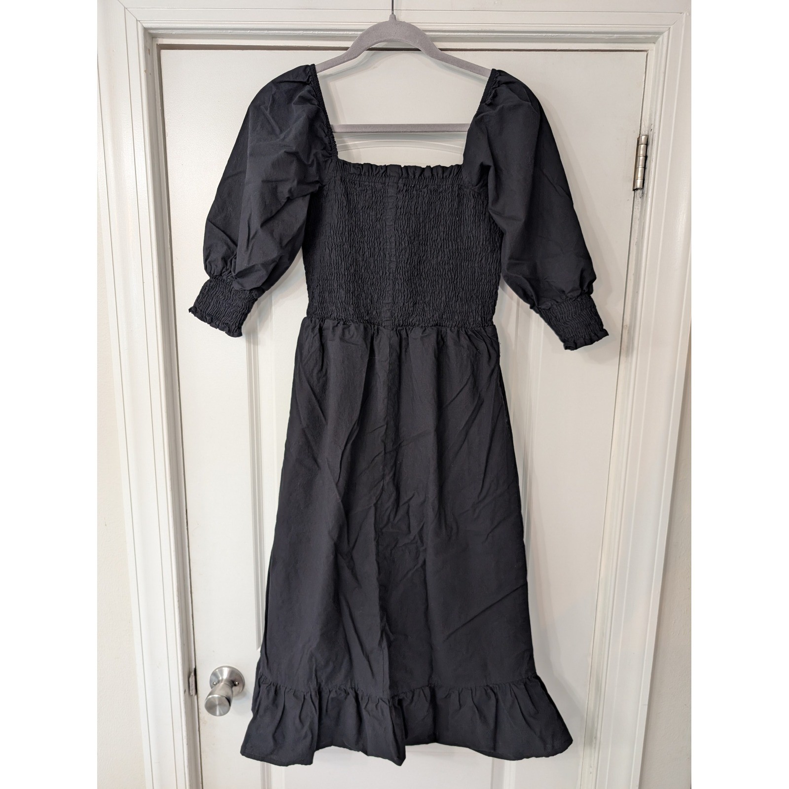Sim & Sam Womens Black Smocked Puff Sleeve Cotton Midi Dress medium Ruffle Hem