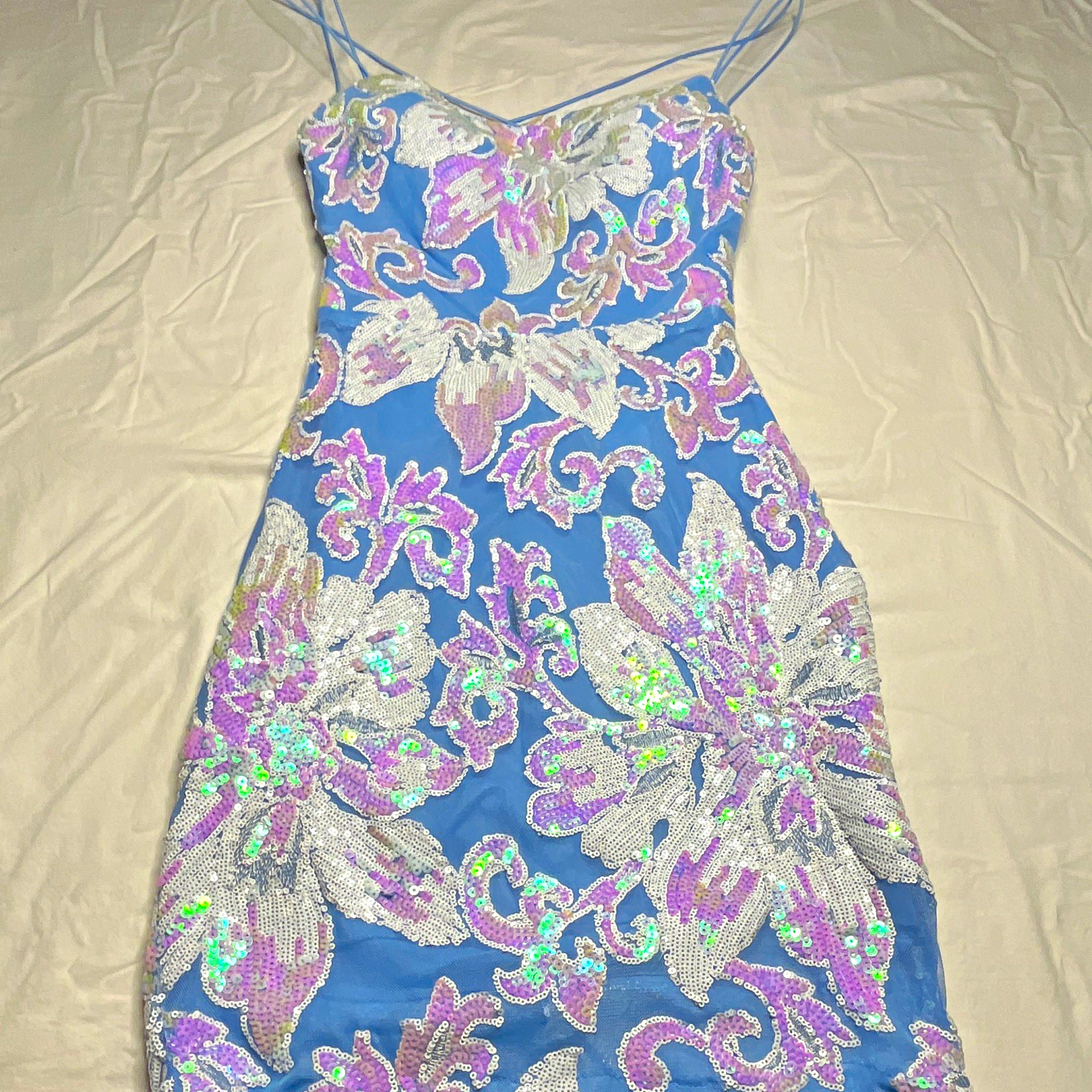 B. Darlin Blue Purple White Floral Sequin Mesh Mini Dress Juniors 7/8 Zip(111)