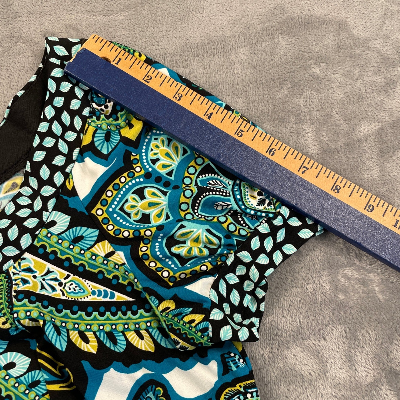 London Style Collection Blue Green Paisley Empire Waist Puff Sleeve Dress 14