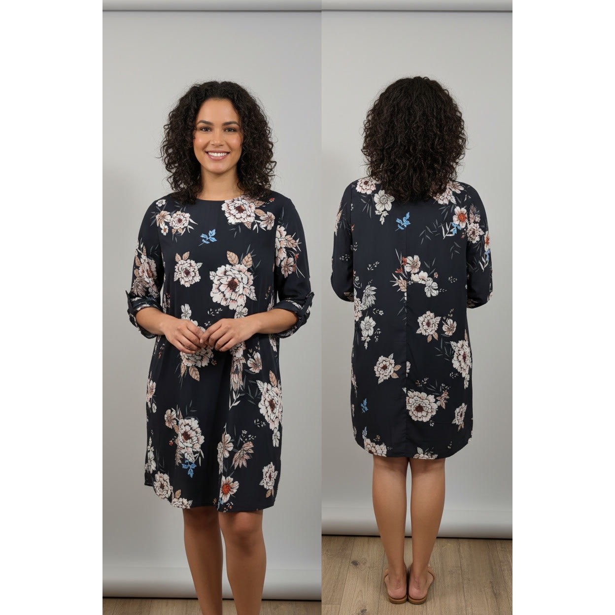 1439 – Umgee Navy with floral print Tunic/Dress – Medium – NWOT