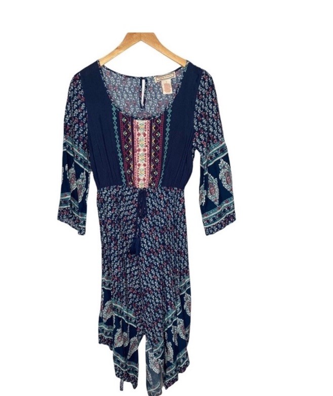 Flying Tomato Women’s L Blue Floral Boho Jumpsuit 3/4 Sleeve Tassel Tie