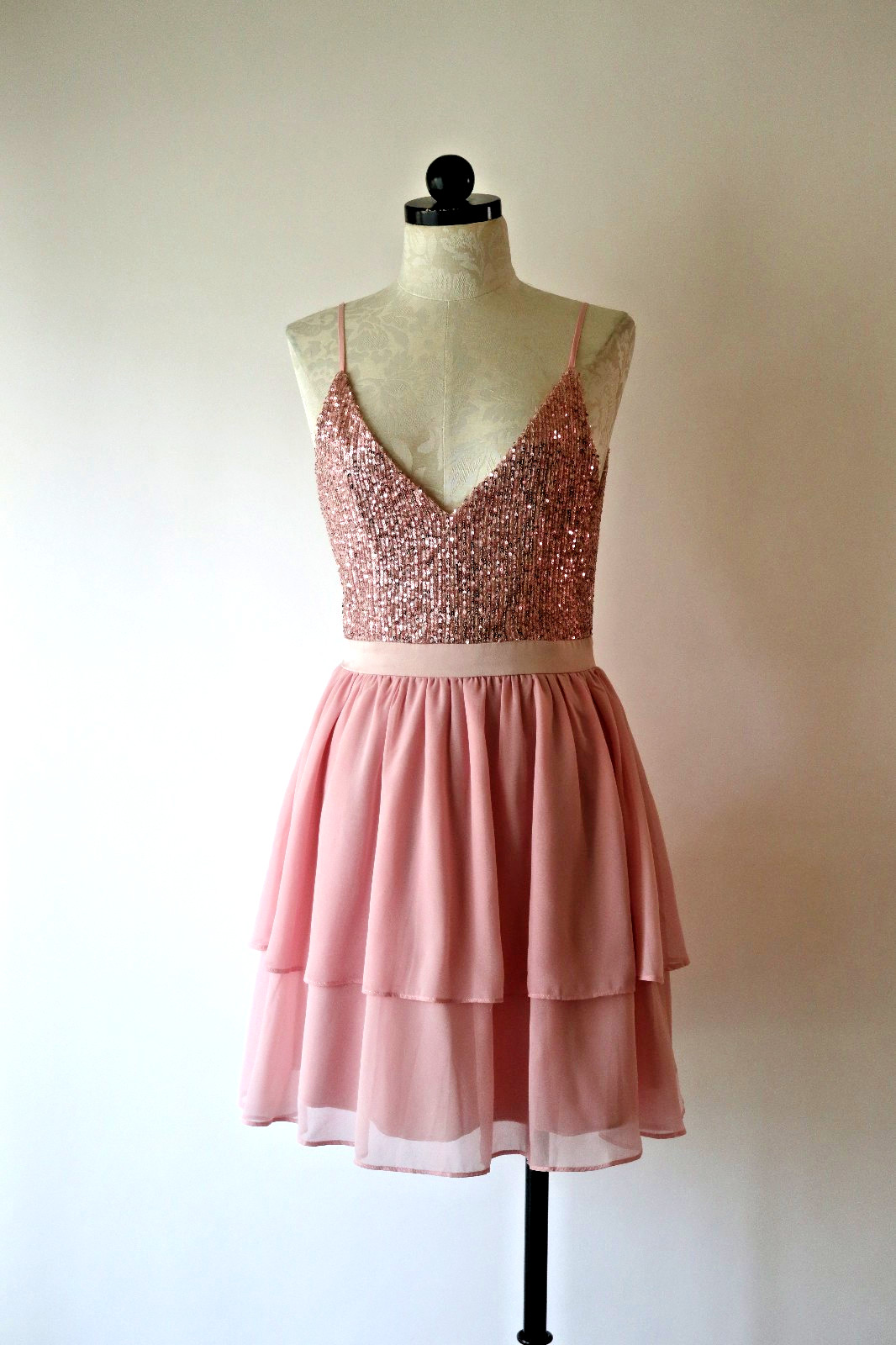 Storia Pink Metallic Sparkle Sequin Chiffon Ruffled Babydoll Mini Dress Women S