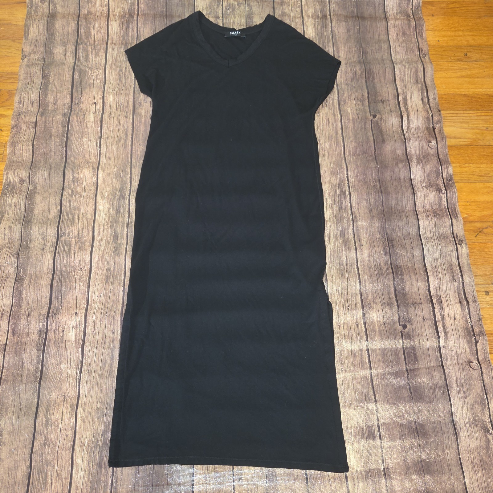 CAARA Maxi T-Shirt Dress Women L Black Side Slits Cap Sleeves Minimalist Casual
