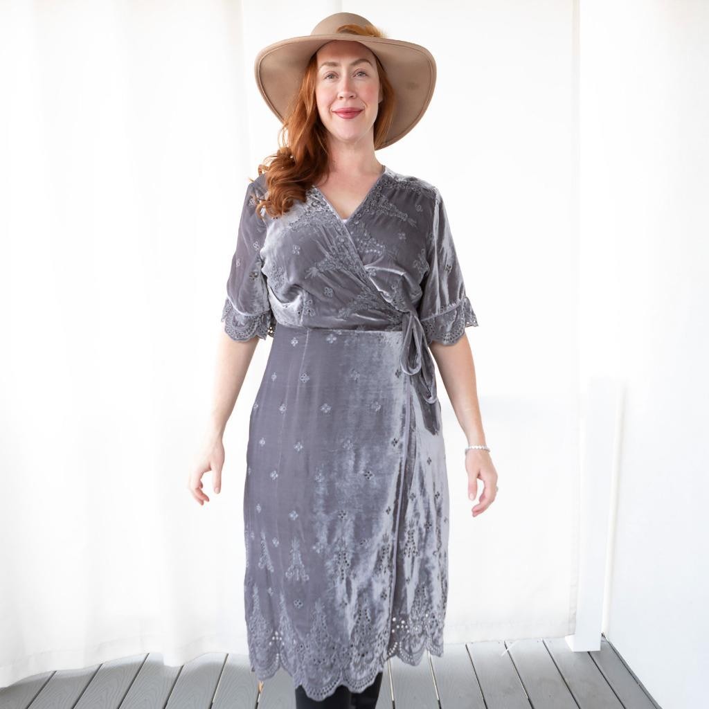 Johnny Was VELVET DRESS Lola Wrap Midi Dress Grey / Lavender XL 14- 16 HOLIDAY