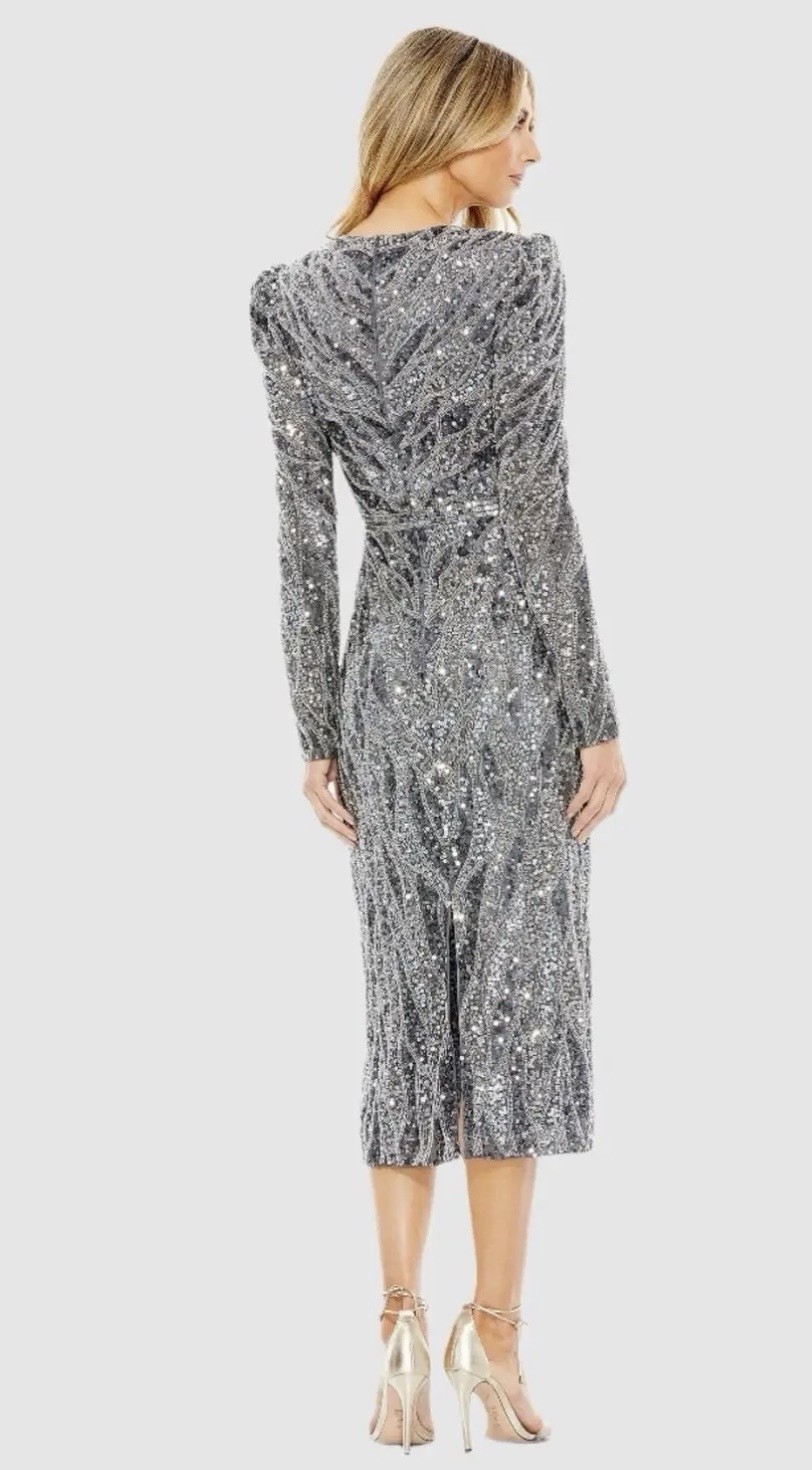 Mac Duggal Womens Size 4 Charcoal Sequin V-Neck Long Sleeve Midi Sheath
