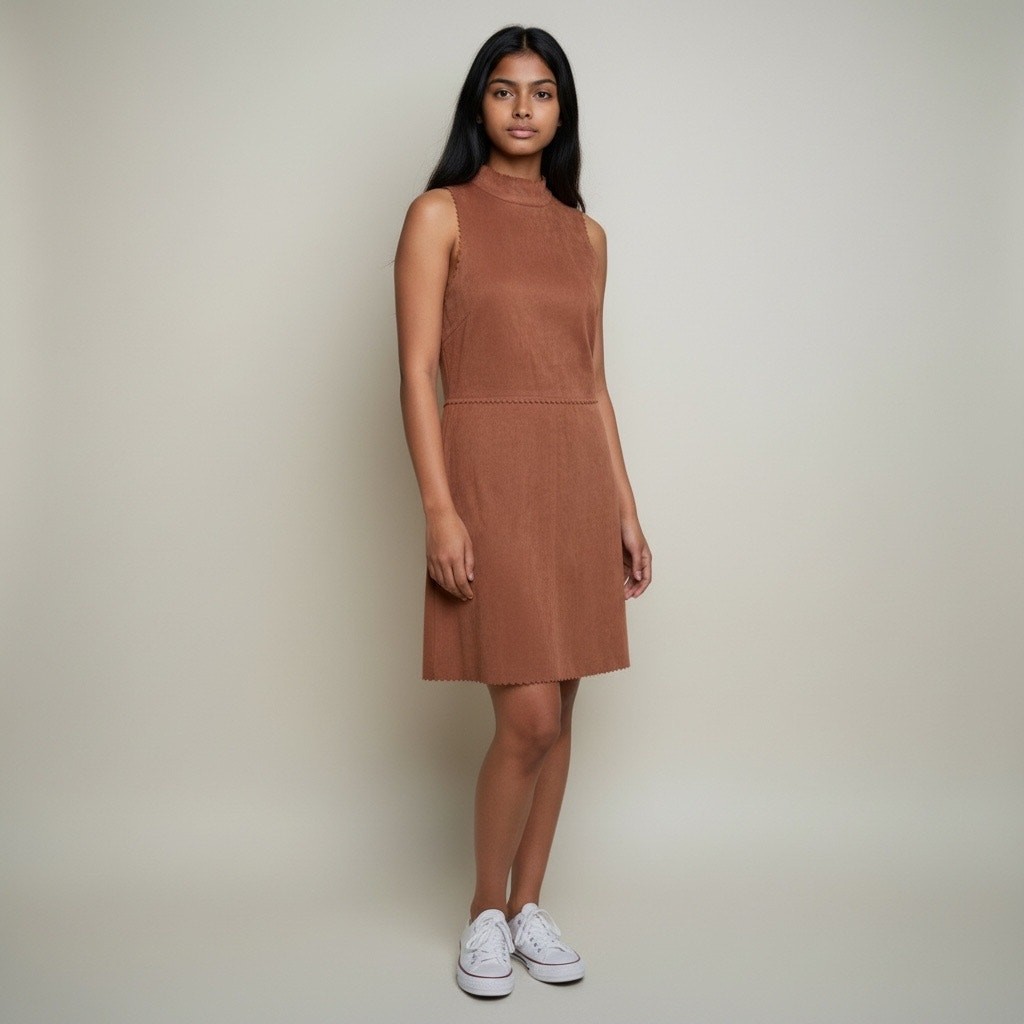 Altar’d State Mauve Scalloped Trim Mock Neck Suede Dress Size M Sleeveless
