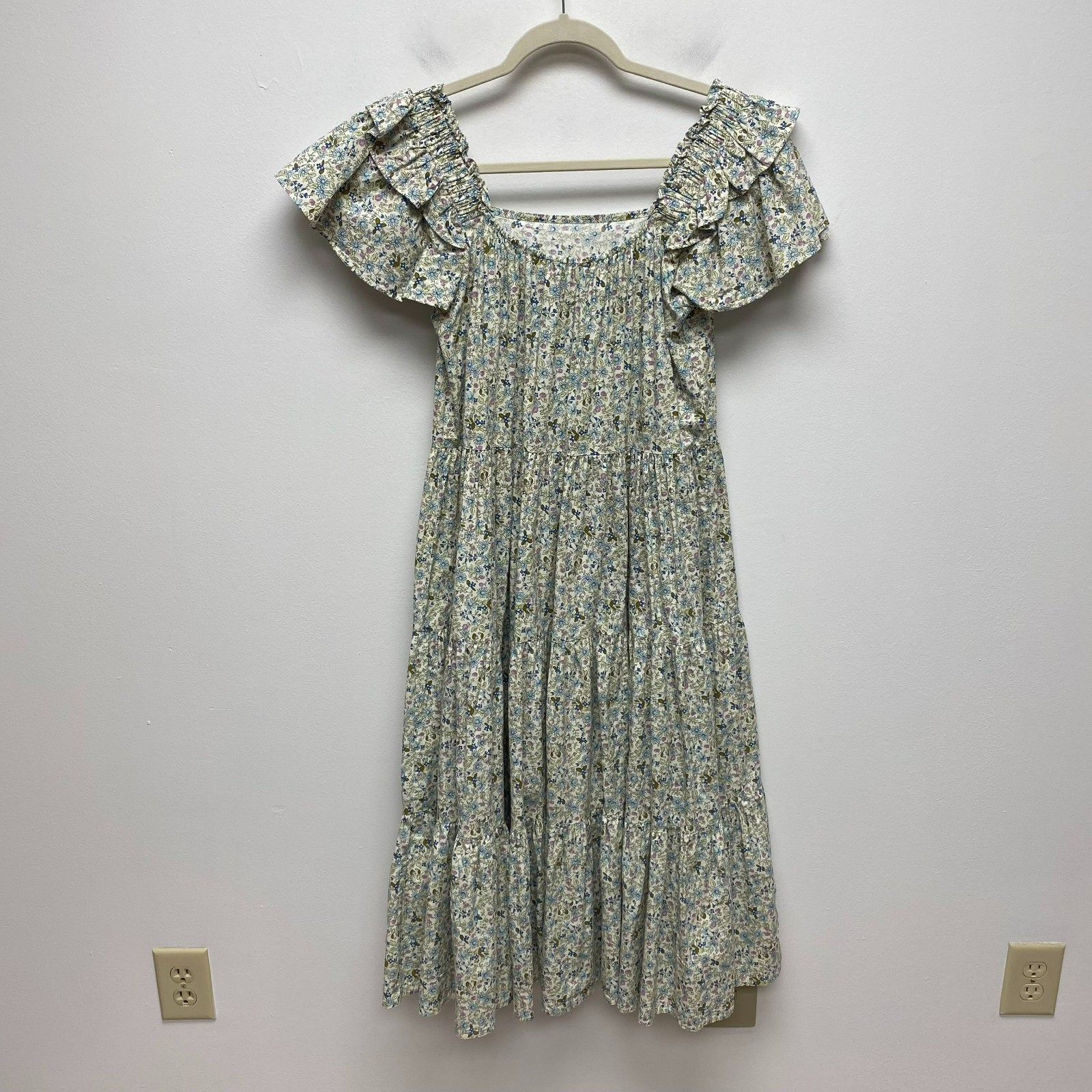 Mable Womens Beige Ditsy Floral Square Neck Ruffle Sleeve Tiered Midi Sundress S