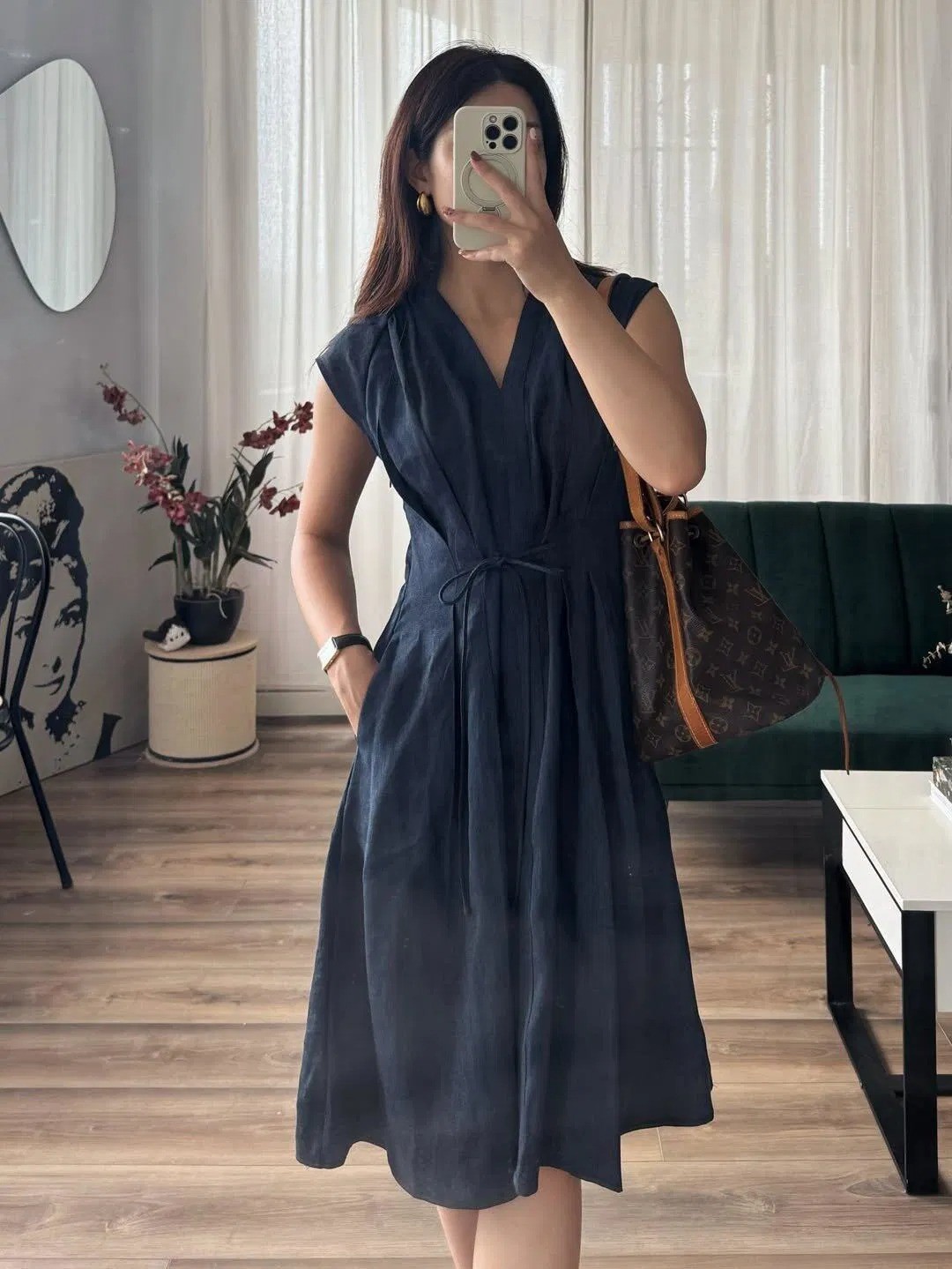 OGLmove Viscose Linen Collared V-Neck Drawstring Midi Dress, Ecru (NEW)