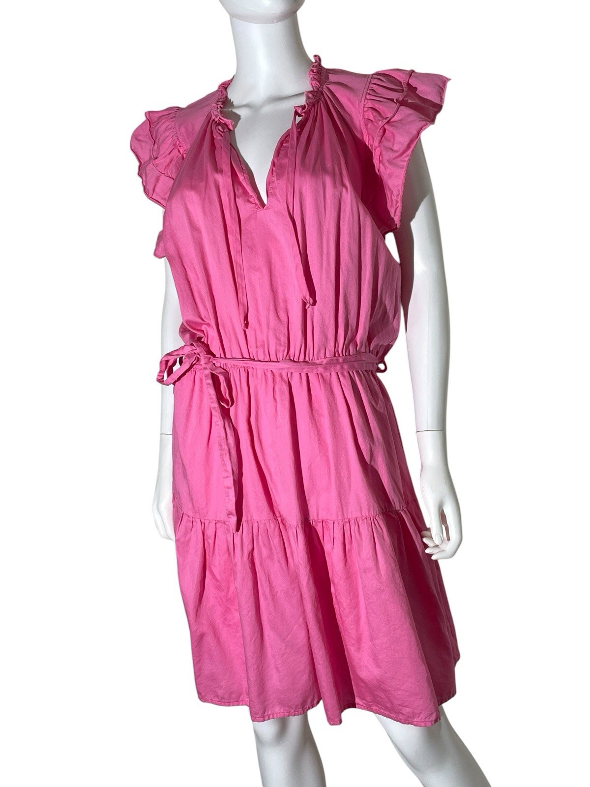 Stark X Austin Cotton Dress Flutter Sleeve Ruffle Collar Split VNeck Tie Waist
