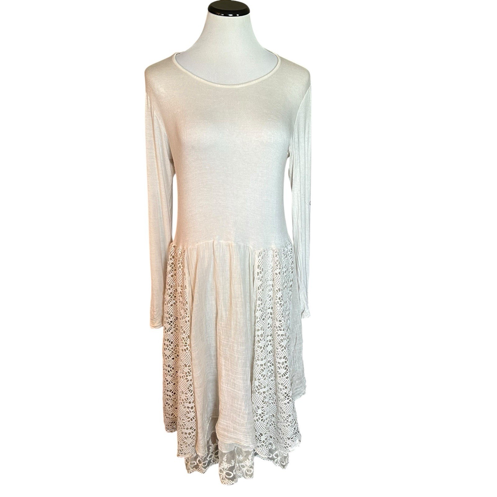 Meo Meli Cream Beige Cotton Dress Crochet Roll Tab Sleeve Cottagecore READ