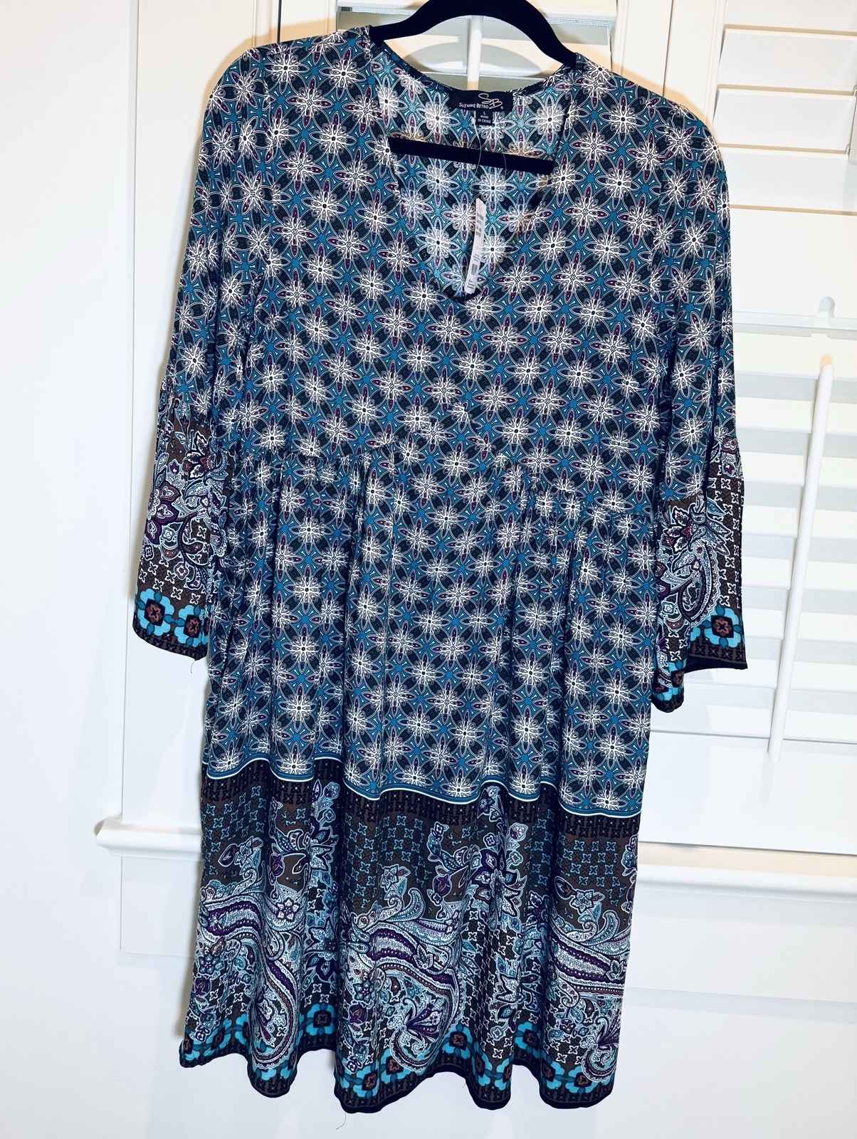 Suzanne Betro Boho Dress Size L Teal Colorful Pockets Women NWT