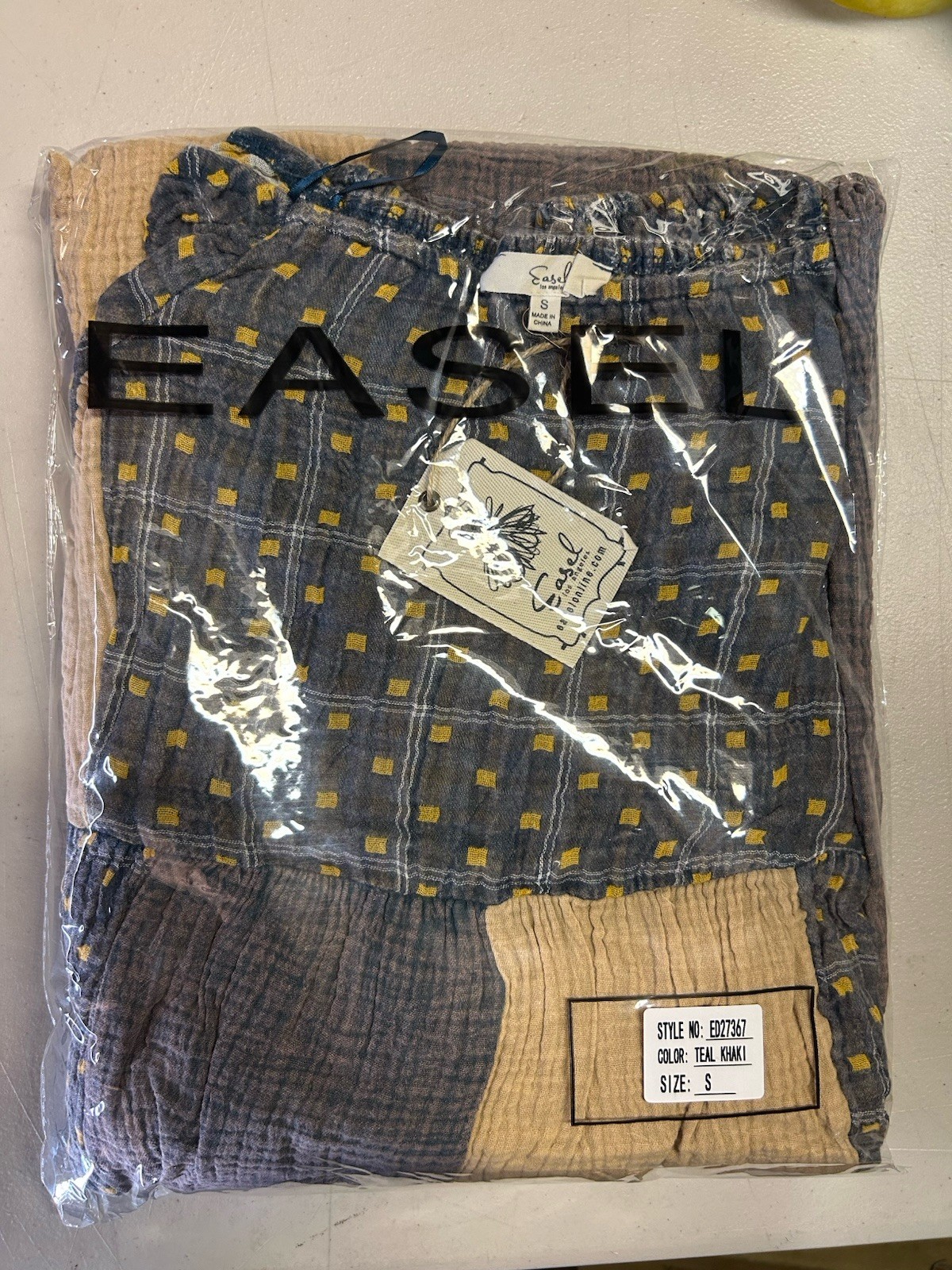 Size:M ED27367 Teal Khaki Patchwork Washed Cotton Gauze Dress
