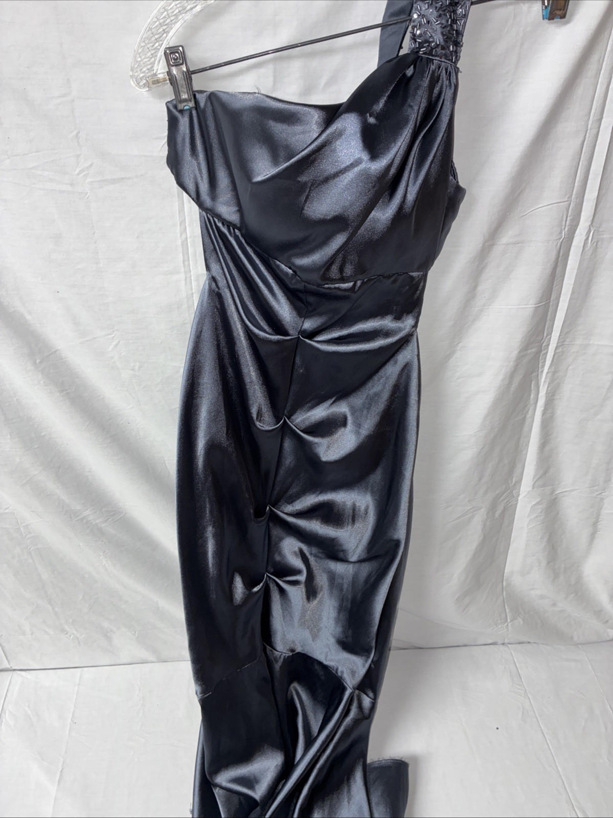 Blondie Nites by Stacy Sklar Blue Satin Gown – Size 5, One-Shoulder Mermaid Fit