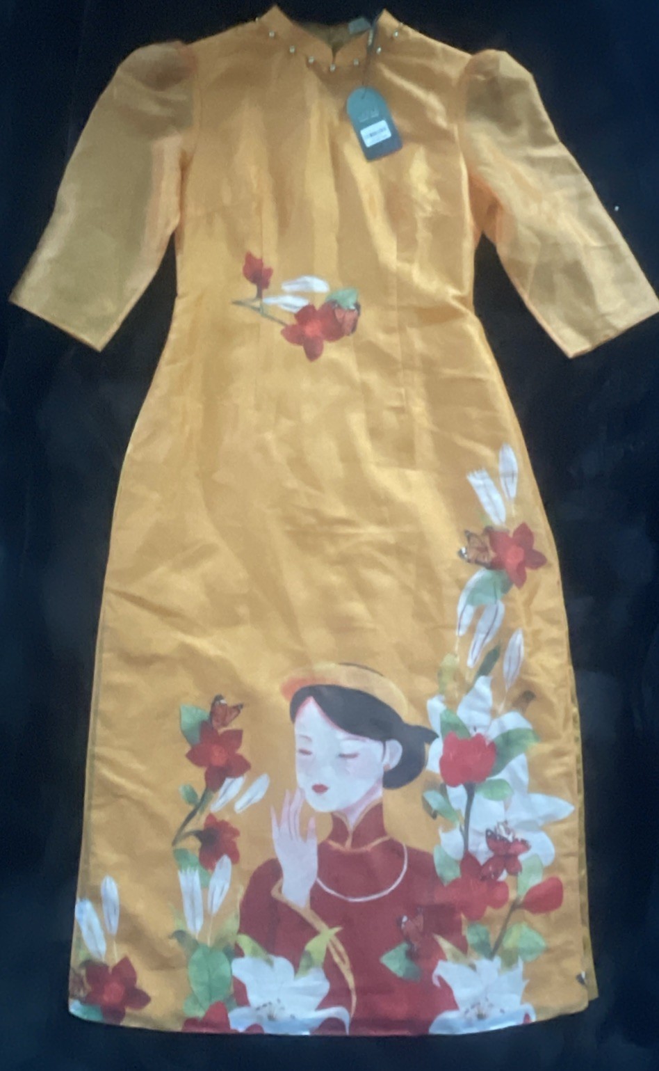Women’s Chinese Style Silky Stand Collar Dress Cheongsam Size XL-Gold