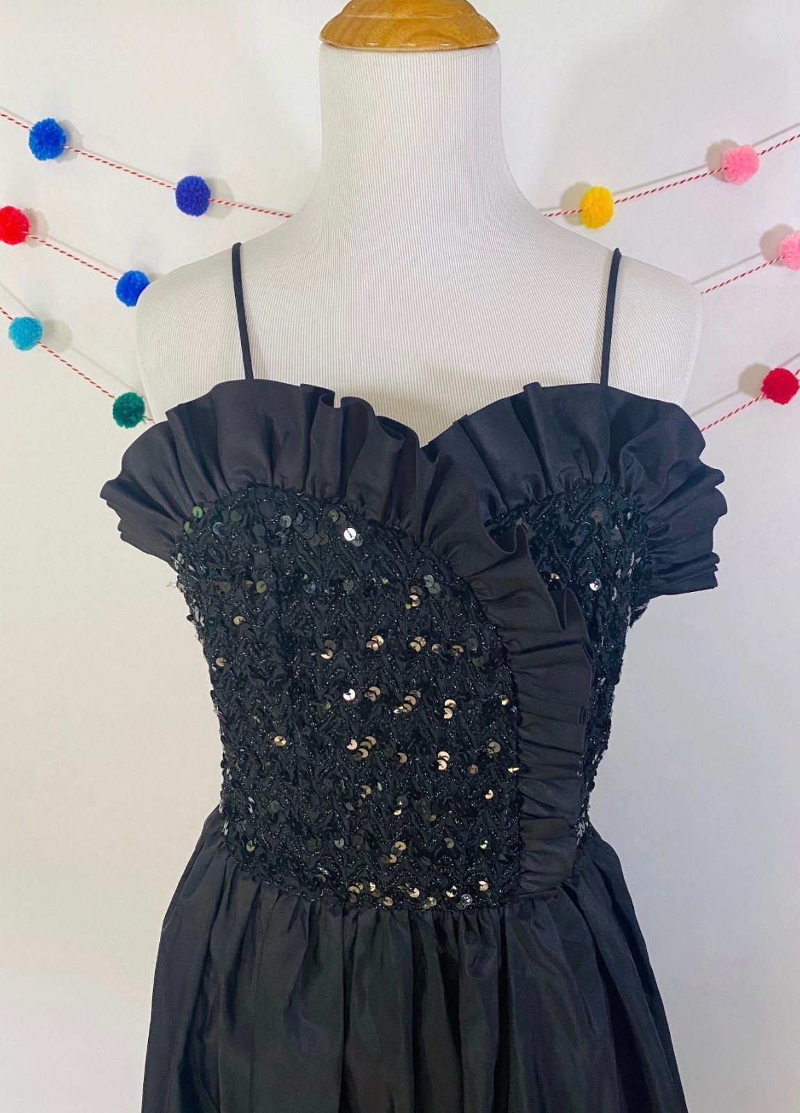 Black Ruffled Neck Sequined Cocktail Dress 1960s Cocktail Dress