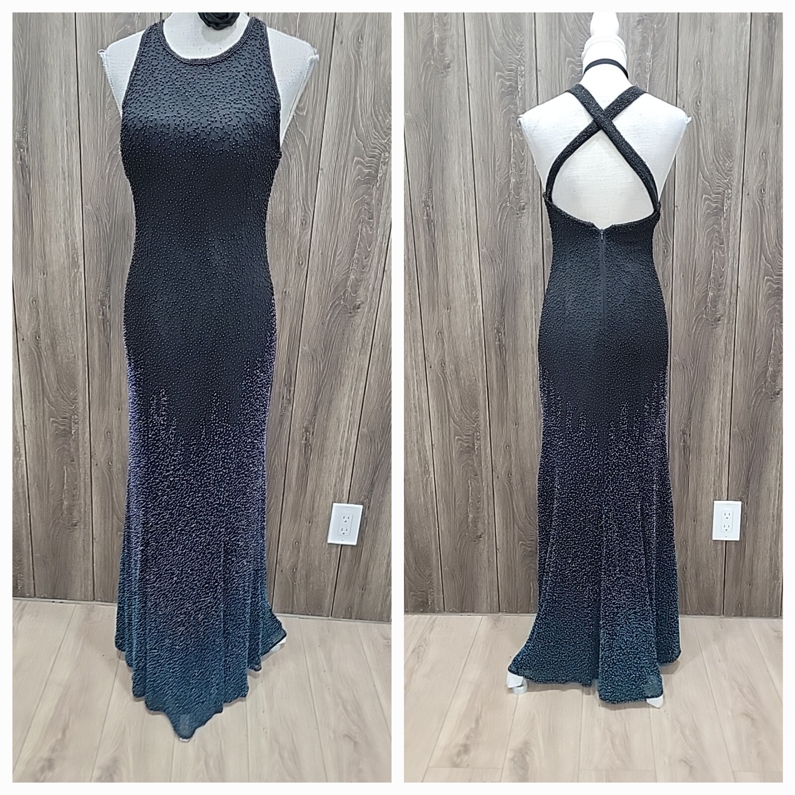 Cassandra Stone Vintage Gown Black Silk Beaded Ombre/Floor Length Sz 10 Dress