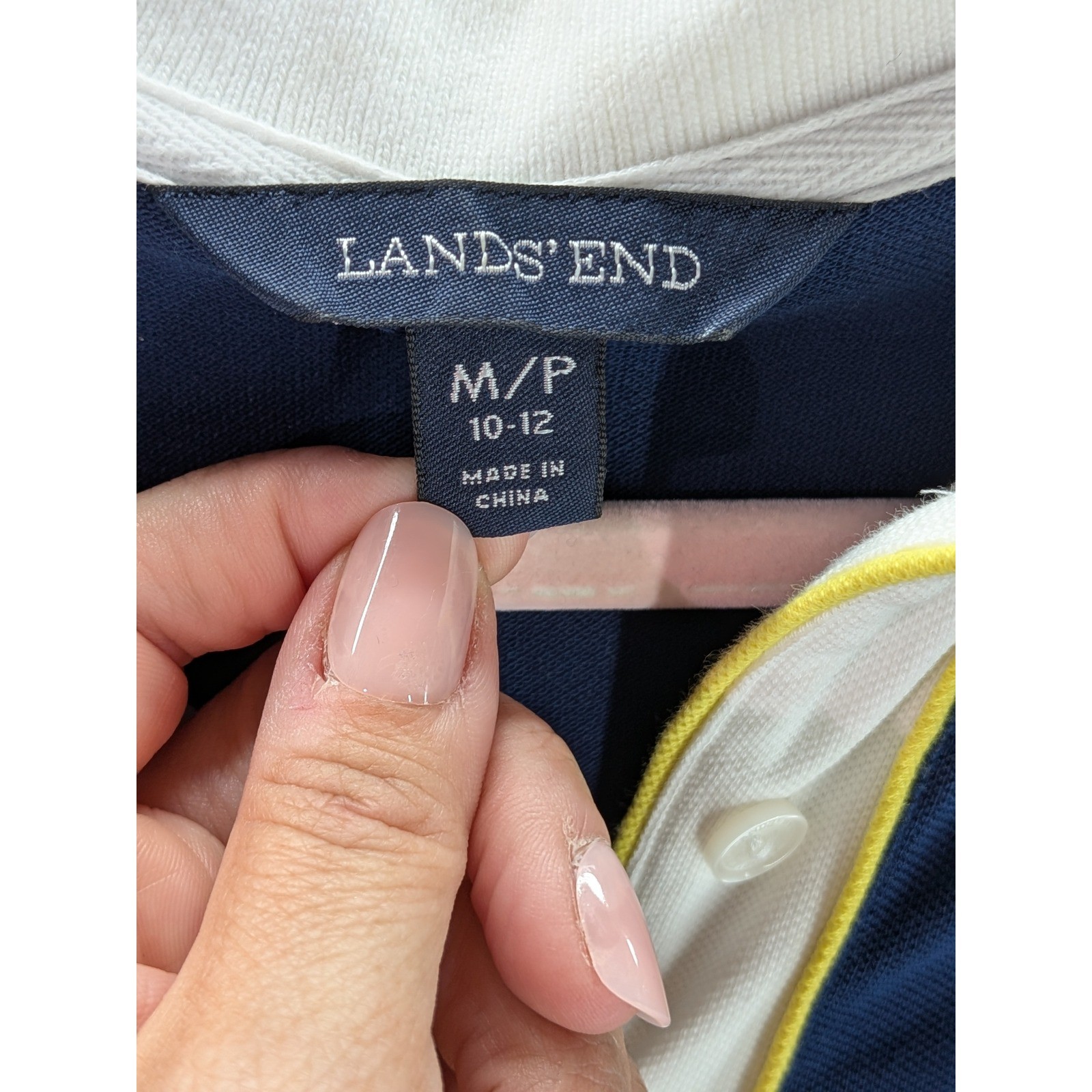Lands End Womens Navy Blue Polo Dress White Yellow Trim Short Sleeve S M 10-12