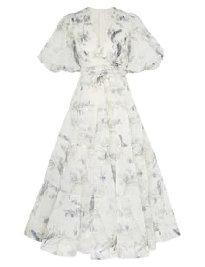 ZIMMERMANN WHITE & GRAY FLORAL PRINT PLISSE PLEAT MIDI DRESS SZ.1/S