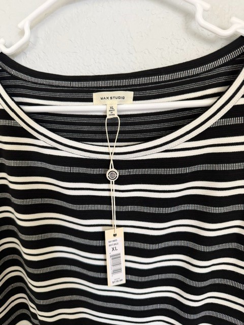 Max Studio Black White Dress XL Textured Braided Yarn Stripes Stretch Cotton