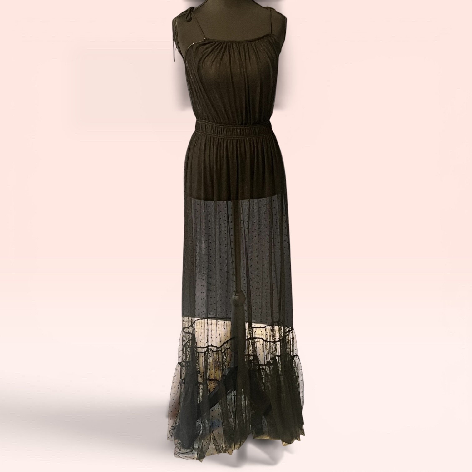 NWT LELIS Sheer Polka Dot Mesh Maxi Dress Black Gothic Tulle Tiered Ruffle USA M