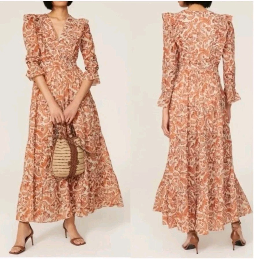 Maje Maxi Dress Sz US 2 4 EU 36 Small Orange 100% Cotton Paisley Print Ruffle