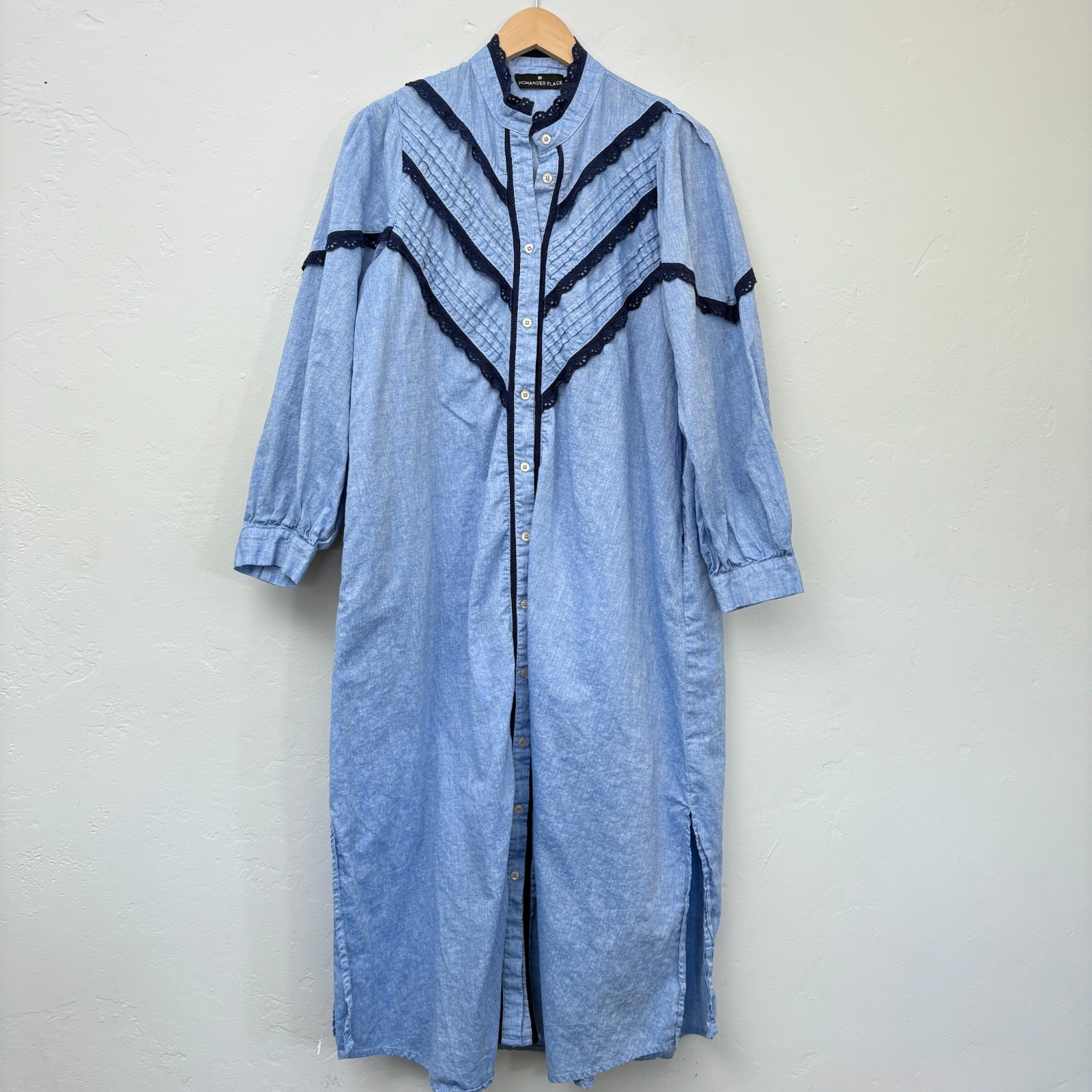 Pomander Place Shirt Dress Women Size Medium Blue Chambray Lace Long Sleeve